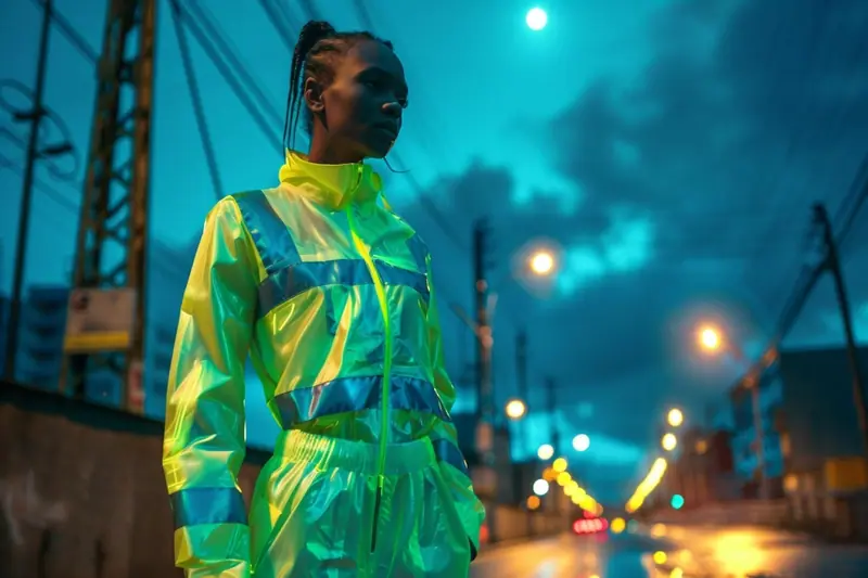 Parent portant une veste sombre avec bandes rétro-réfléchissantes lors d’un trajet nocturne près d’une route éclairée par les phares d’une voiture.