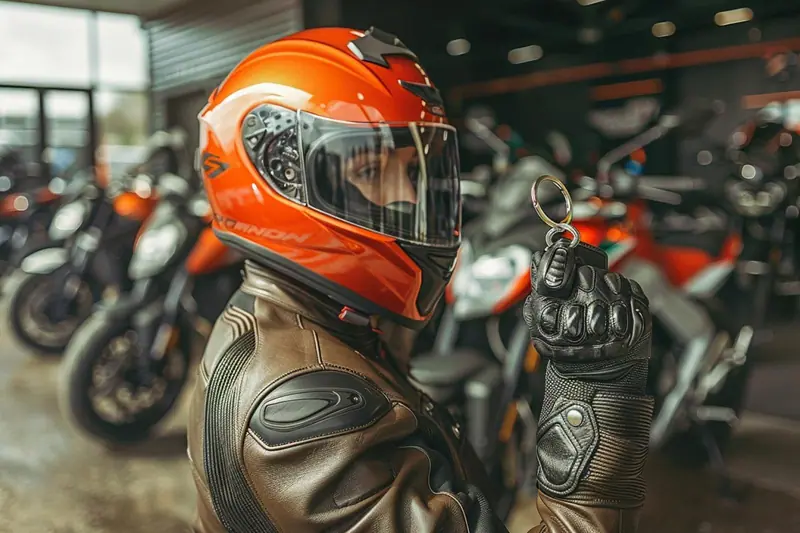 Parent équipé d’un casque de moto préparant son permis devant une moto d’auto-école