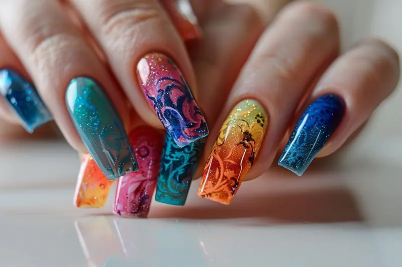 Manucure nail art en gel rose nude avec de fines lignes dorées sur des ongles courts et brillants