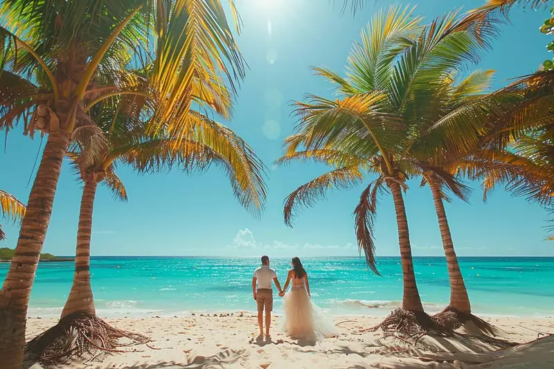 Un couple attablé face à la mer au coucher du soleil, lors d'un voyage de noces à deux.