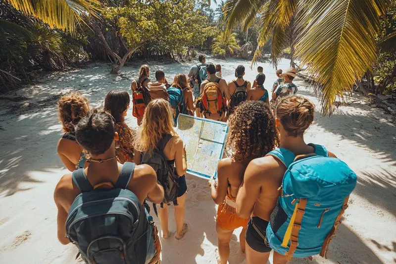 Une famille et un groupe d'amis marchent sur une plage de Zanzibar à marée basse, avec des boutres au loin.