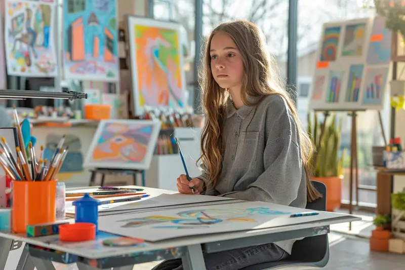 Adolescente dessinant sur une grande table inclinable, avec feuilles, crayons et rangements dans sa chambre